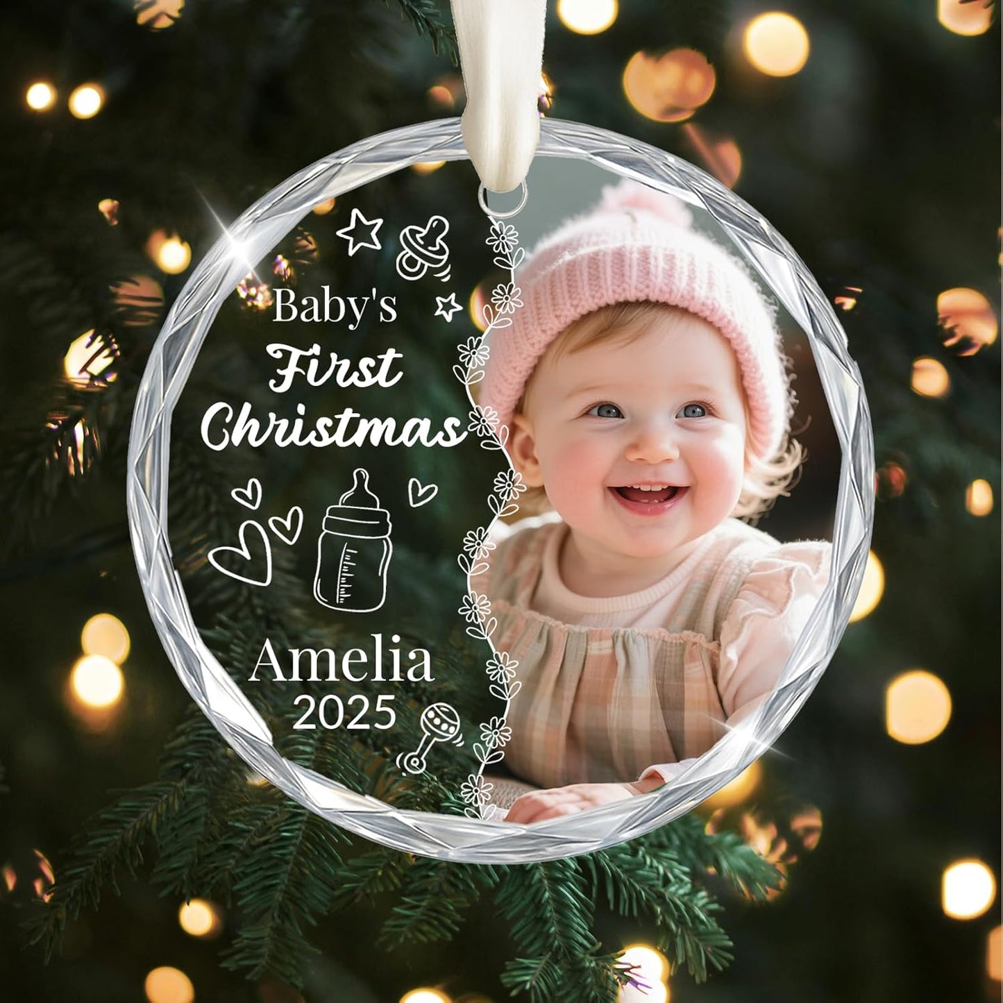 Personalized Baby's First Christmas Ornament 2025, Custom Christmas Photo Crystal Glass Ornaments with Name or Date, Personalized Christmas Tree Decor Gifts for Family, Friends,Pet or Baby
