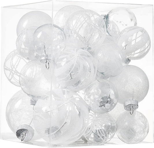 Clear Christmas Ball Ornaments,24ct Shatterproof Plastic Decorative Christmas Ornaments Hanging Xmas Tree Baubles Set with Stuffed Delicate Glittering Decorations for Holiday Party Home Decor(White)