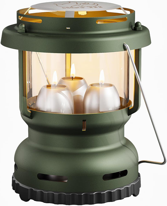 3-Wick Emergency Candle Lantern for Power Outages [18H+ Burning Time] Vintage Decorative Candle Lantern for Real Candles, Outdoor Portable Camping Survival Lighting [7.1"*5.7" - Forest Green]
