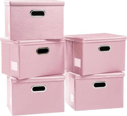 PRANDOM Foldable Storage Bins with Lids [5-Pack] Leather Fabric Collapsible Storage Boxes Organizer Containers Baskets Cube with Cover for Bedroom Closet Office Nursery Pink (14.9x10.8x10)