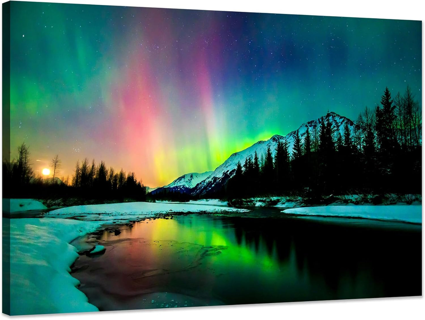 Aurora Borealis Canvas Wall Art Northern Lights Canvas Print Painting for Living Room Snowy-Mountains-Landscape Poster Picture Wooden Framed Prints Ready to Hang (24.00"x36.00")