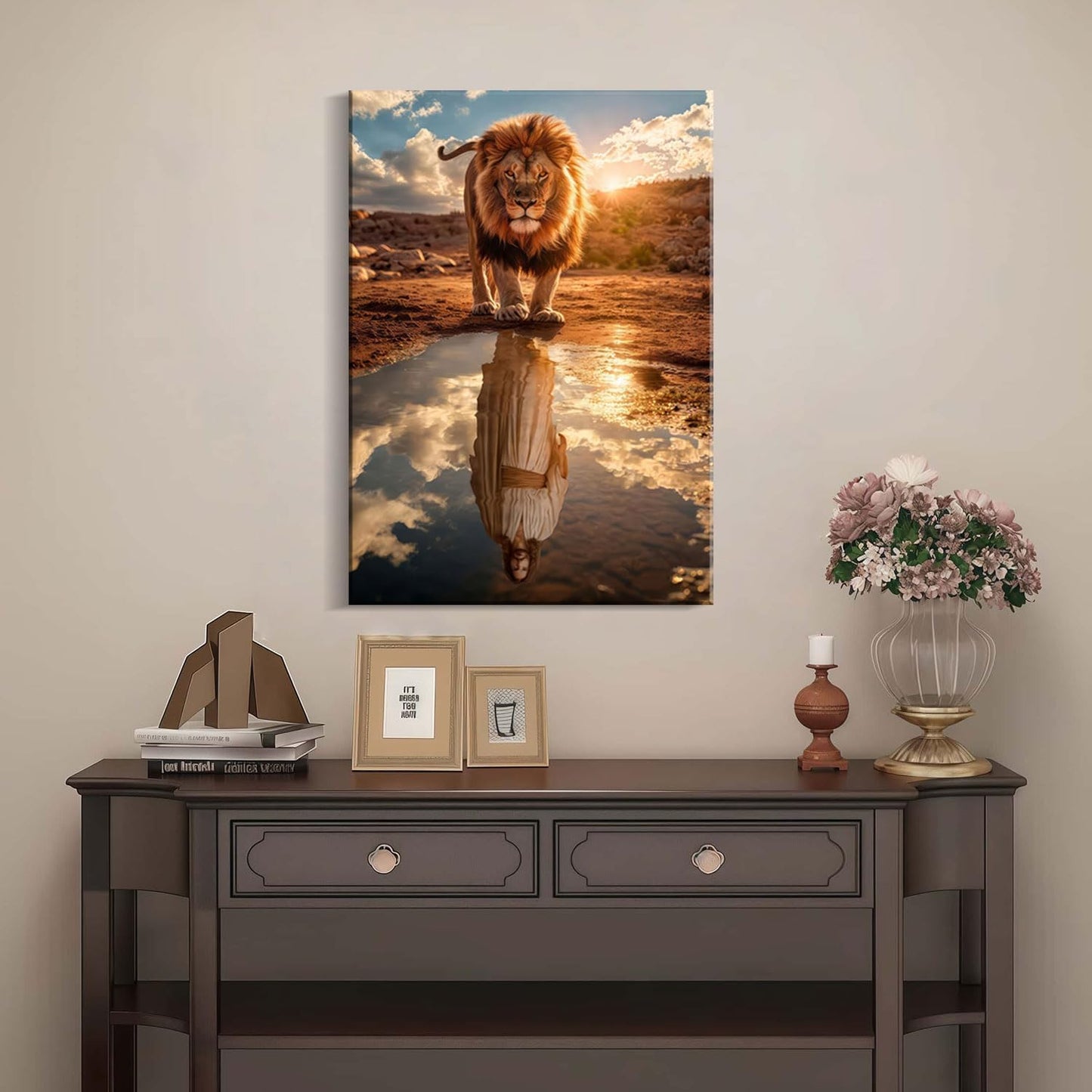 Framed Canvas Wall Painting Lion and Jesus Reflection Religious Poster Inspirational Faith Gallery Picture Print for Living Room and Bedroom Decor 16x24 Inch Ready to Hang