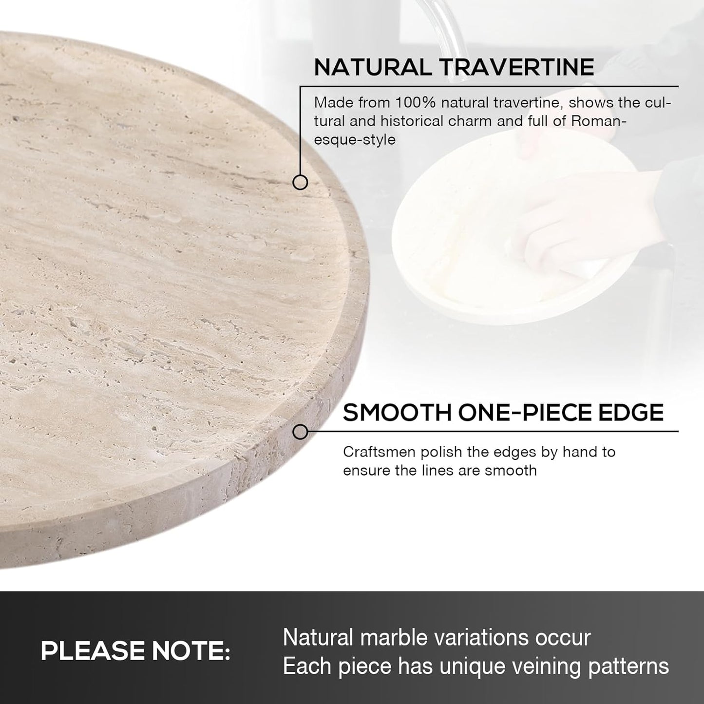 BCS Natural Travertine Tray, 9.8" Round Decorative Marble Vanity Tray for Bathroom Countertop, Kitchen Counter, Coffee Table, or Catchall, Stone Organizer for Jewelry, Perfume, Candles, Home Decor