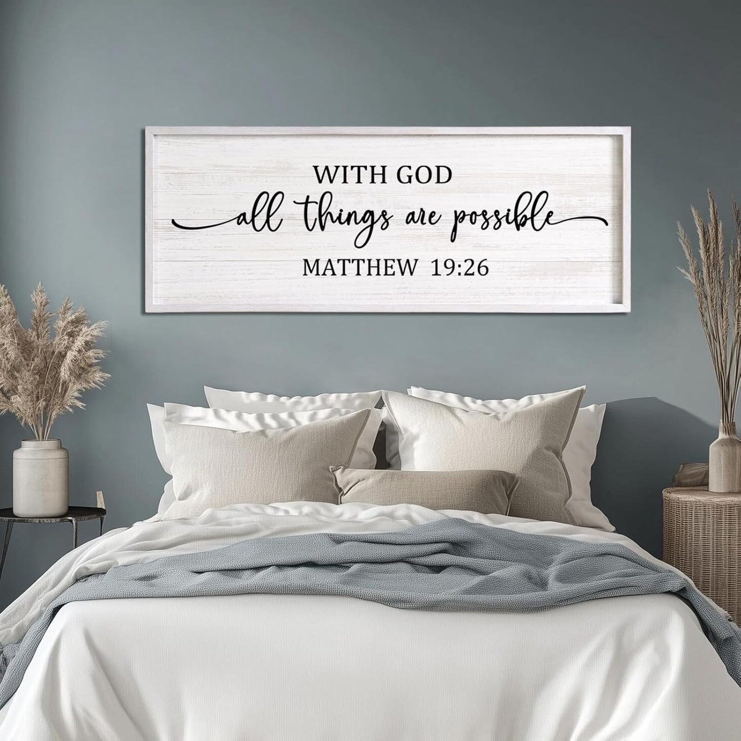With God All Things are Possible Framed Wall Art, 40''×15'' Vintage Holy Religious Rustic Bible Verse for Christian God Jesus Christ Prayer, Positive Horizontal Inspirational Catholic Scripture Decor
