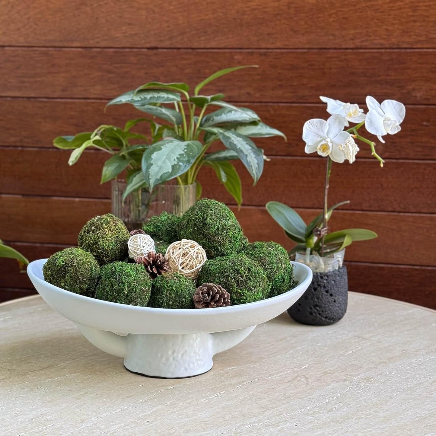 NAHARO Elegant Ceramic Bowl with Moss Ball Set-13.2x10.5 Decorative Bowl with 18pc Decorative Balls for Farmhouse Table Centerpiece, Living Room or Home Decor