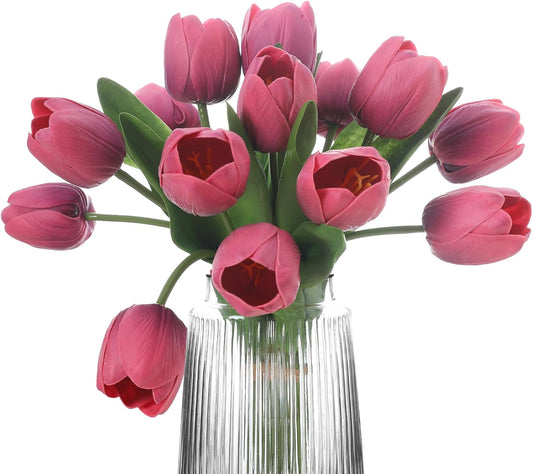 Deep Pink Artificial Tulips, 2 Bundles 14Pcs, Fake Tulips Artificial Flowers, 2 x 2.4 Inch Large Flower Head Big Tulip, Easter Valentine's Day Mother's Day Home Decoration Flowers