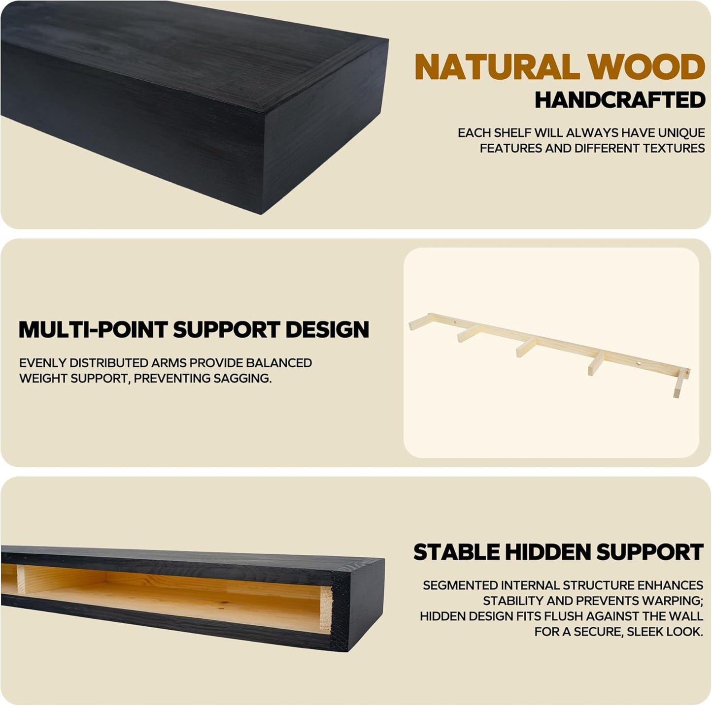 Floating Shelves 3 inch Thick for Wall Set of 2,Solid Pine Wood Wall Mount Shelf for Kitchen Living Room Bedroom Bathroom,8" D x 60" L x 3" H-Black