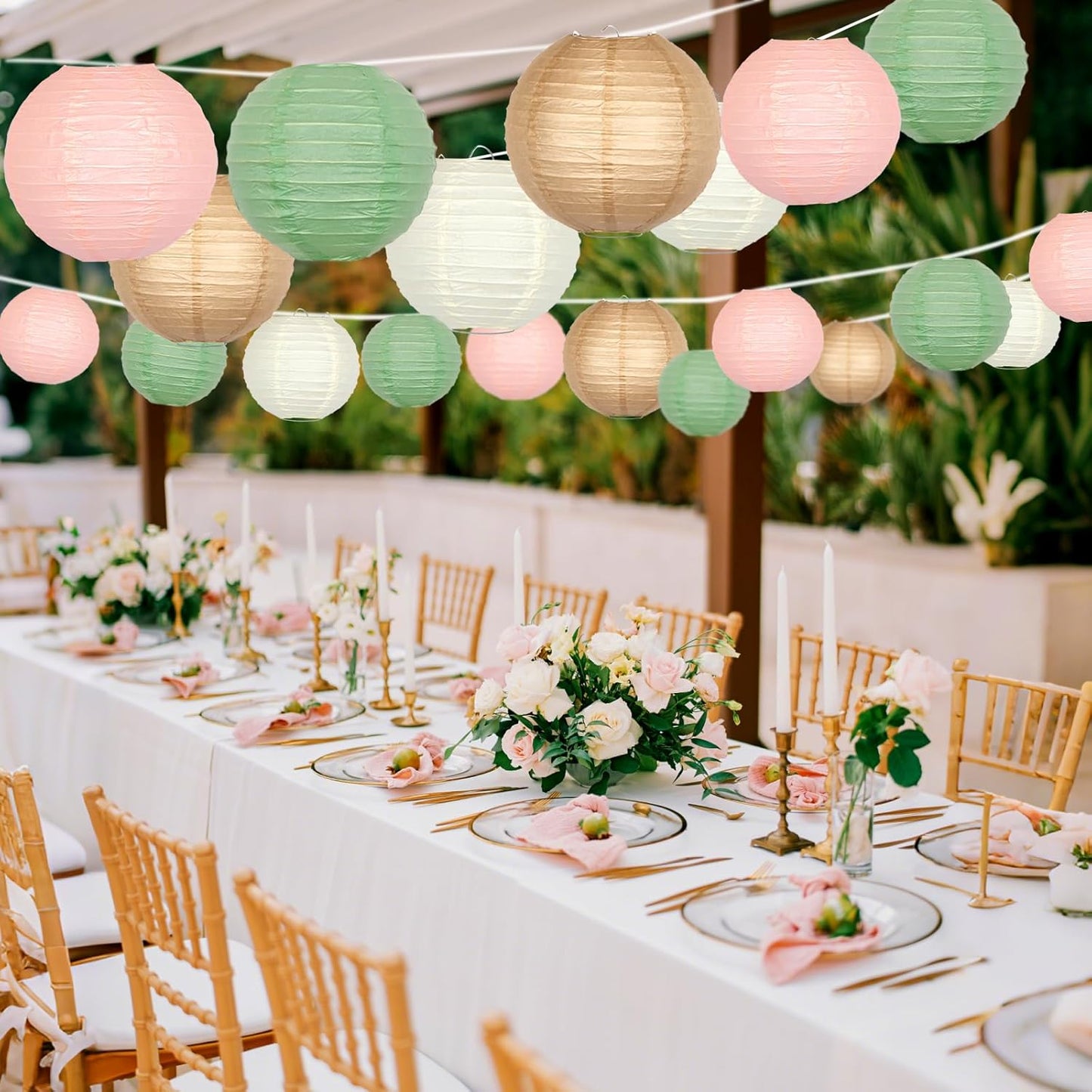 ADLKGG Paper Lanterns Party Decorative, Round Hanging Paper Lanterns Wedding Decorations for Sage Green Bridal Shower Birthday Rustic Party Neutral Baby Shower Home Decor Sage Green/Pink/Brown 21pcs