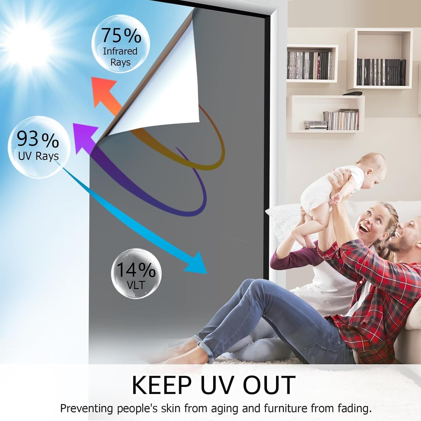 HIDBEA One Way Window Film, Daytime Privacy Sun Blocking Reflective Window Film No Glue Static Cling Heat Control Window Tinting Film for Home and Office, Black Silver, 17.35 x 196.8 Inch