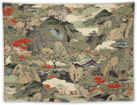 Asian Tapestry,Japanese Red Landscape Asian Watercolor Abstract Art Tapestry, Asian Japanese Wall Tapestry, Nature Landscape Tapestries for Bedroom Living Room Decor 80"x60"