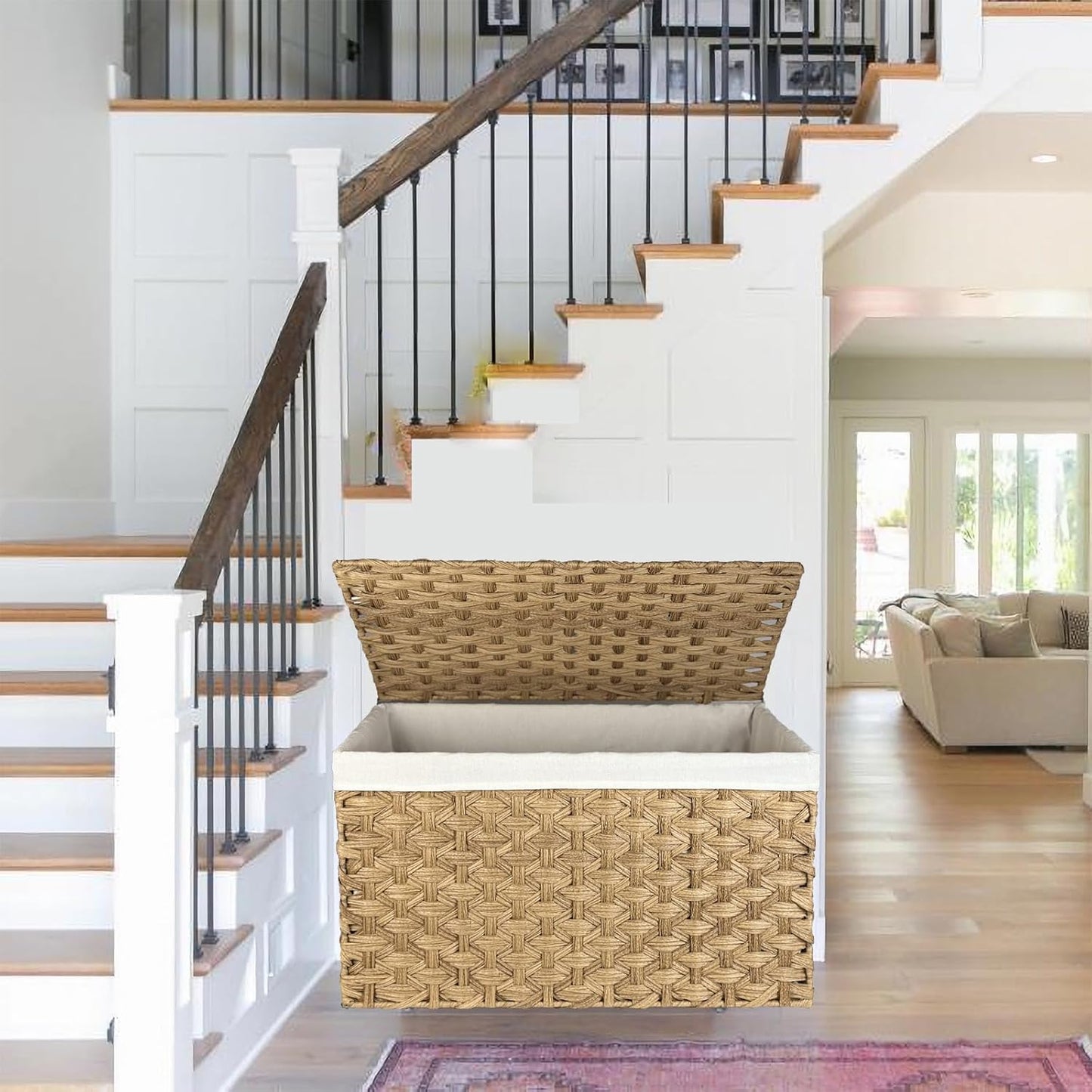 Wicker Storage Basket with Lid, 42.3 Gallon (160L) Large Blanket Basket with Lid, Woven Storage Bin with Handles, Removable Liner, Metal Frame, Foldable, for Bedroom, Laundry Room, Natural