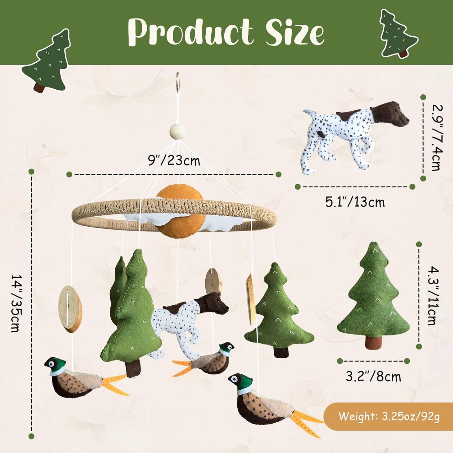 Baby Mobile for Crib Hunting Baby Crib Mobile for Boys Girls Handmade Felt Woodland Nursery Decor Infant Bedroom Hanging Pheasant Dog Hunting Decor for Bassinet Gender Reveal Newborn Gifts