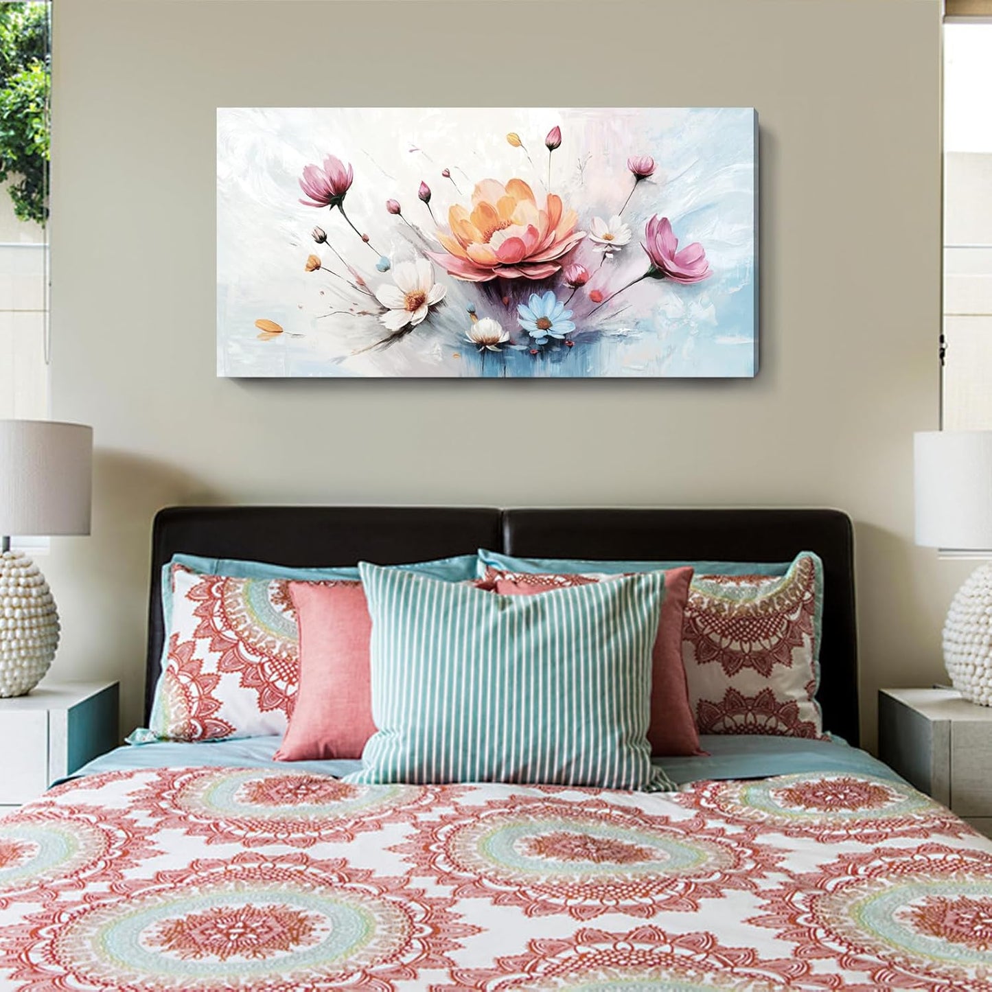 amatop Large Floral Wall Art – Modern Pink White and Blue Abstract Colorful Flower Bouquet Print Large Botanical Canvas Picture Nature Artwork Wall Decor for Living Room Bedroom Office 48x24 inch