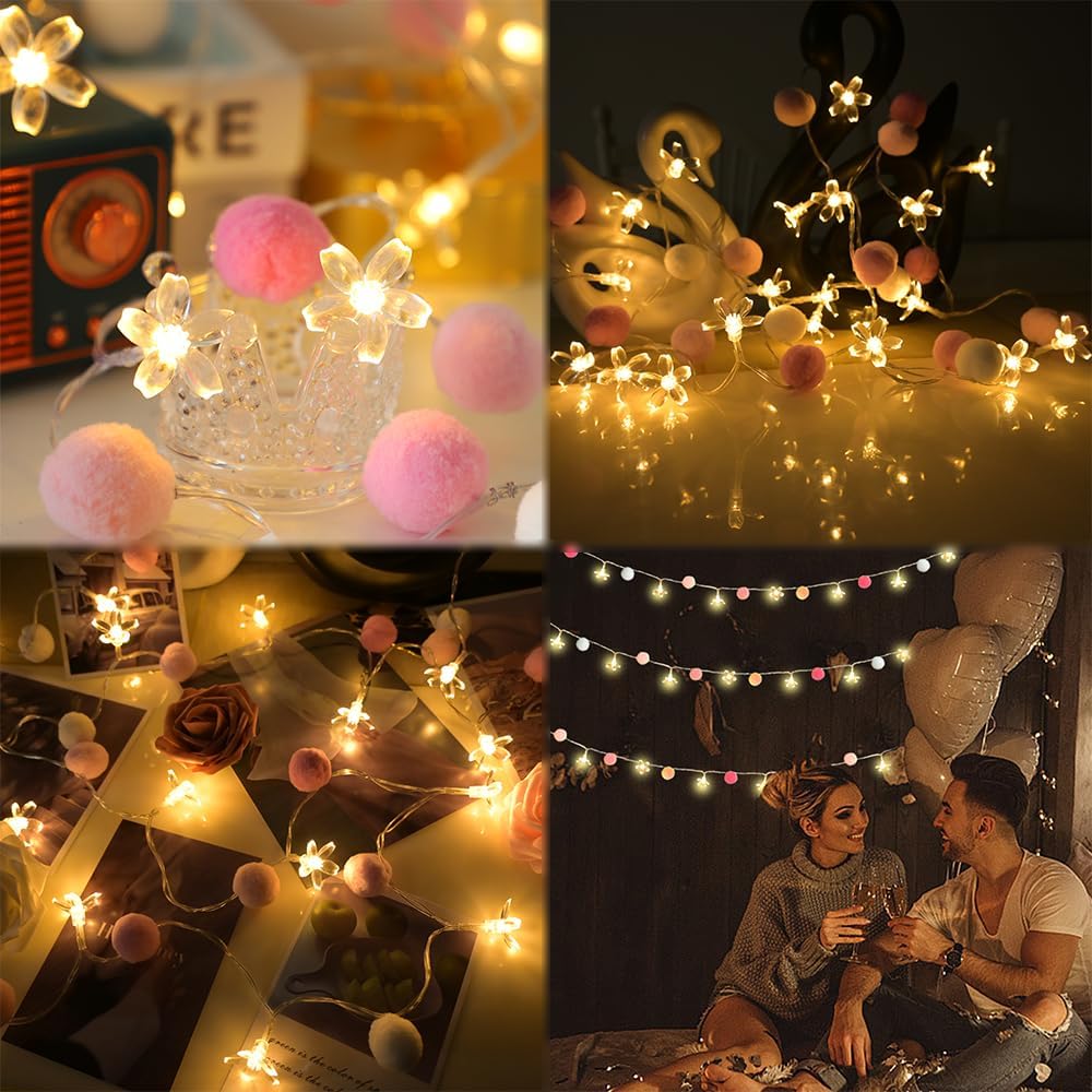 9.85Ft Fairy Lights 20 Cute Pink Pompoms 20 LEDs Cherry Blossom String Garland Battey Operated with Timer Flower Lights for Bedroom Kids Room Party Birthday Wedding Valentines Decoration