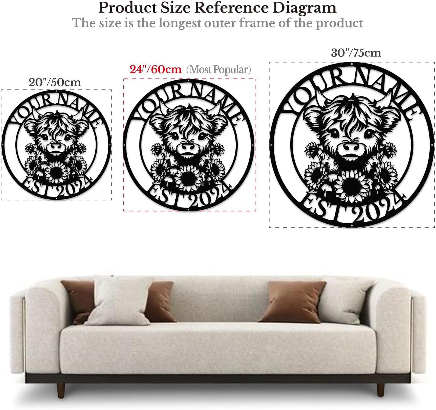 Personalized Highland Cow Name metal Signs,Custom Highland Cow Metal Shed Wall Decor,Black Metal Wall Art Plaques Outdoor wall Decorative Signage (Style E)