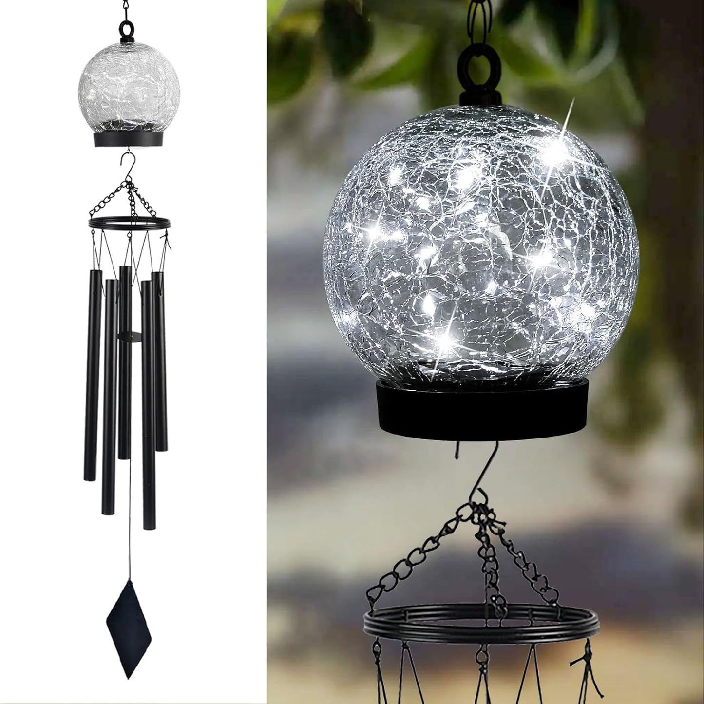 Garden Wind Chimes Outdoor, Solar Hanging Glass Ball Wind Chimes with 15 Cool White LEDs 42 Inch Large with Unique Memorial Sympathy Wind Chime Outside Garden Decor as a Gift for Patio, Porch, Balcony
