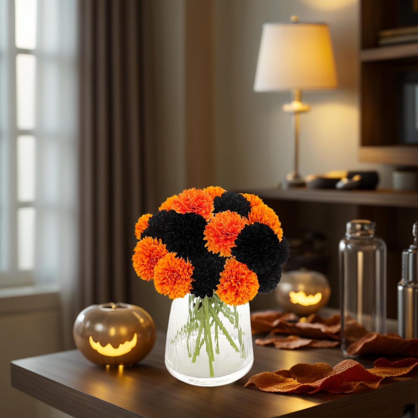 Kimura's Cabin 20Pcs Faux Mums Flowers Fake Chrysanthemum Artificial Silk Ball Flowers for Halloween Garden Home Kitchen Table DIY Decoration Center Fall Bouquets (Orange Black)