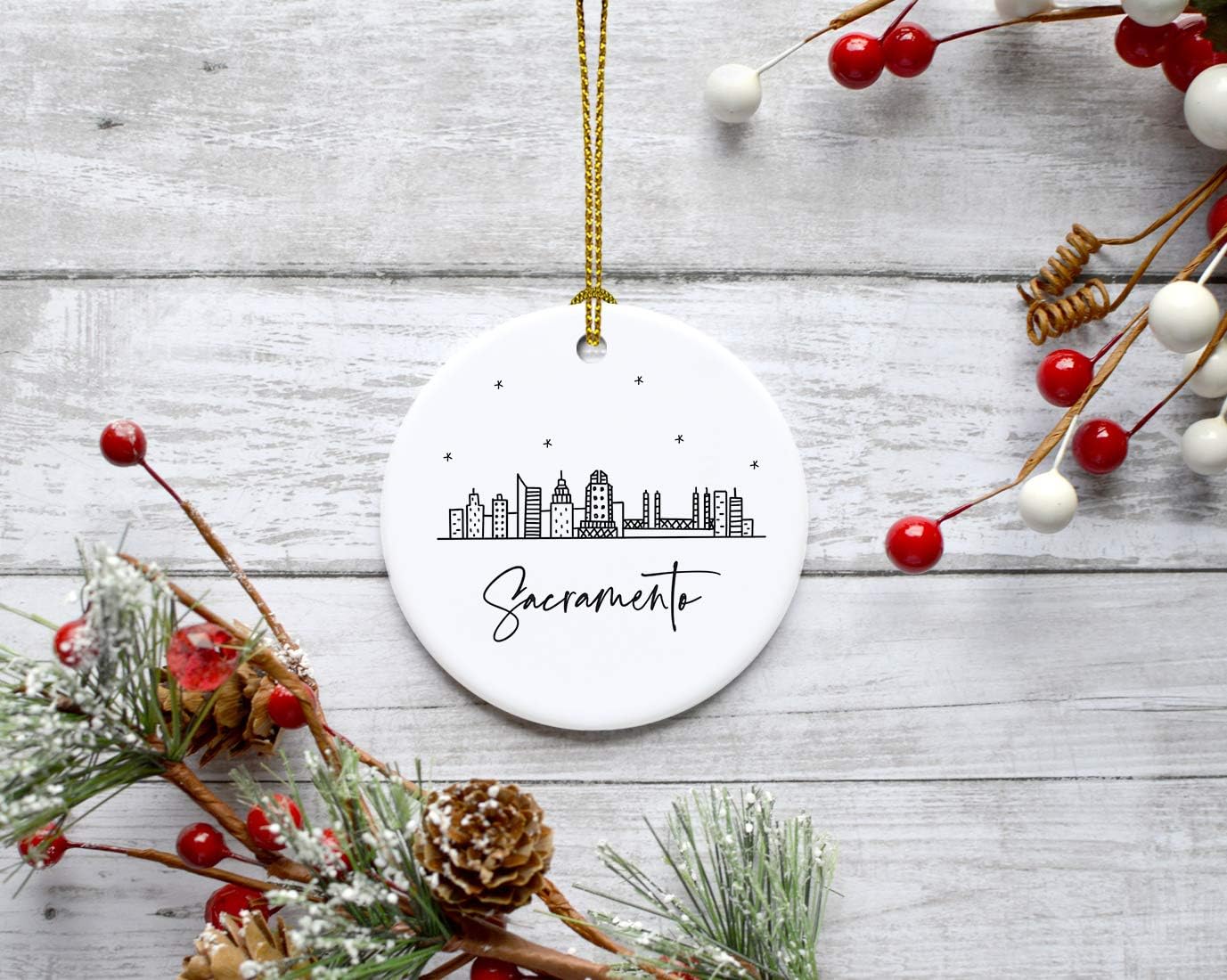 Andaz Press Round Ceramic Porcelain Christmas Tree Ornament Keepsake Gift, Sacramento, Black and White Stars City Skyline Graphic, 1-Pack, Birthday Ideas Family Coworker Him Her, Includes Gift Box