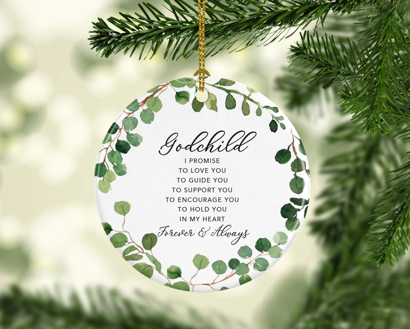 Andaz Press Round Ceramic Porcelain Christmas Tree Ornament Keepsake Collectible Gift, Godchild I Promise to Love You, Farmhouse Eucalyptus Wreath, 1-PackBaby Shower Baptism Christening Gift Ideas