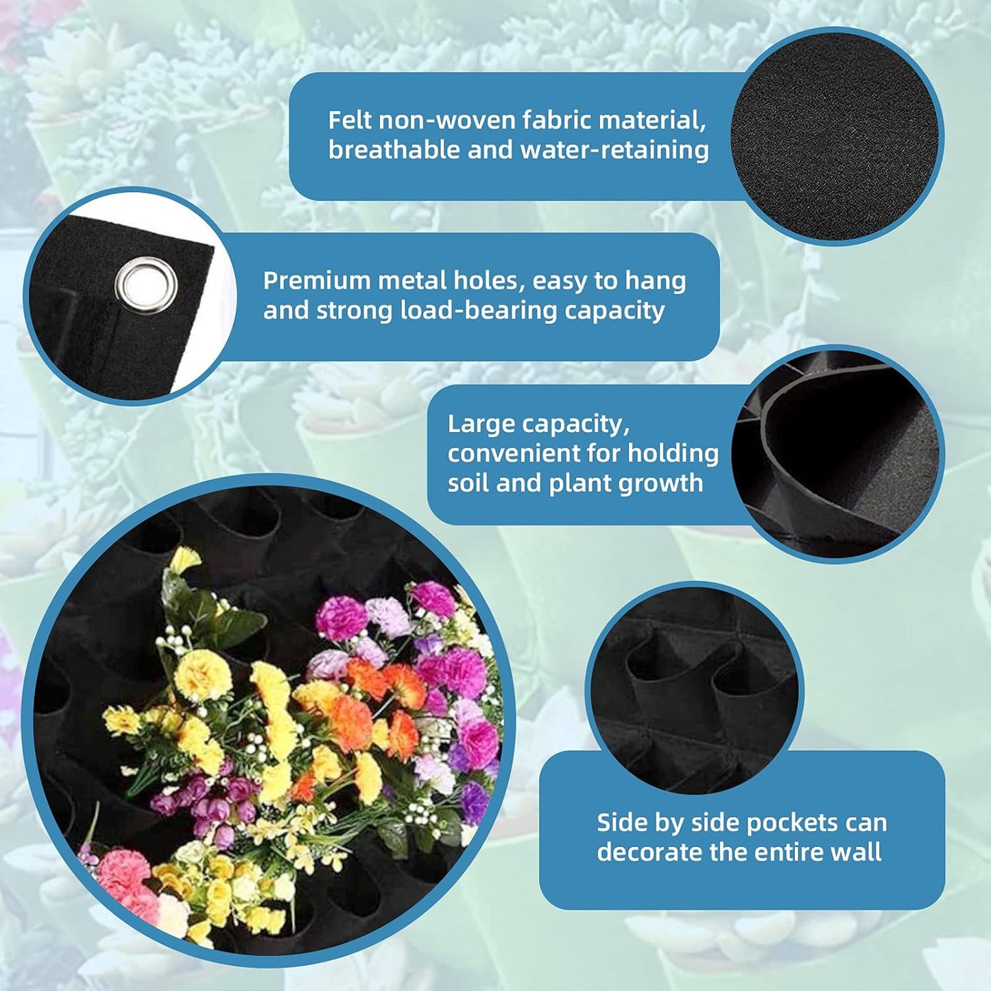 64 Pockets Hanging Planter Bags, Hanging Vertical Wall Mounted Plant Planting Grow Bags, Herb Garden Planter Outdoor Indoor Growing Bag, Gardening Vertical Greening Flower Container(1m×1m, Black)