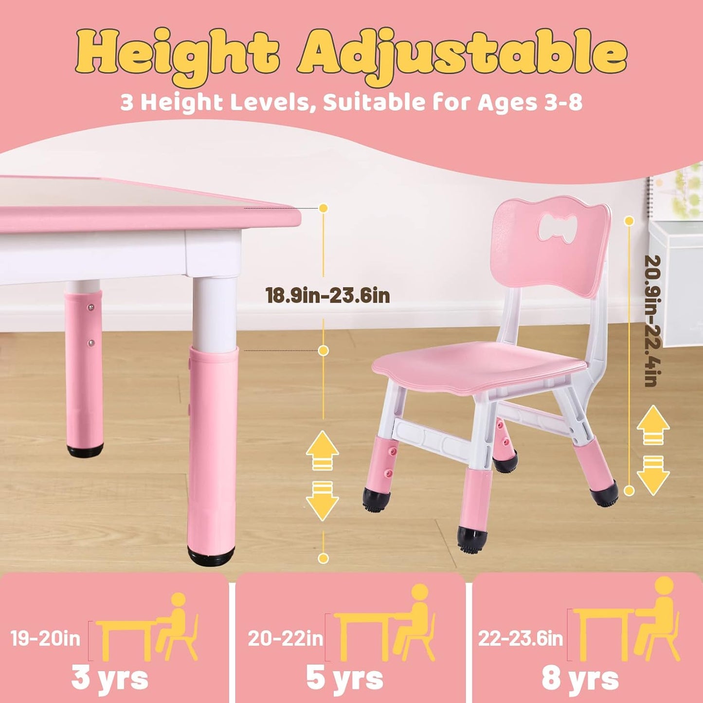 FUNLIO Kids Table and 4 Chairs Set for Ages 3-8, Height Adjustable Toddler Table and Chair Set, Easy to Wipe Arts & Crafts Table, for Classrooms/Daycares/Homes, CPC & CE Approved (5 pcs Set) - Pink