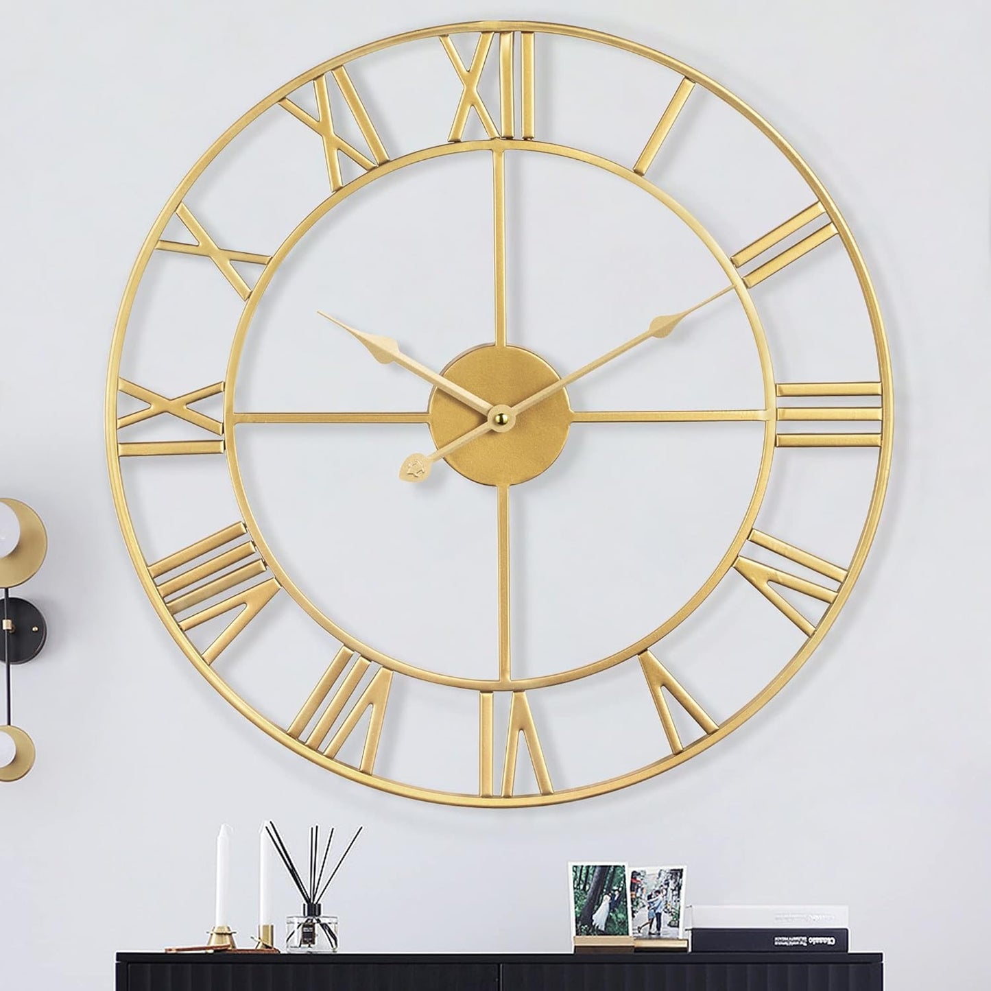 LEIKE Large Modern Wall Clocks,32" Gold Metal,Rustic,Round,Nearly Silent,Little Ticking,Battery Operated Roman Numerals Clock for Living Room/Bedroom/Kitchen Wall Decor-(Gold, 80cm)