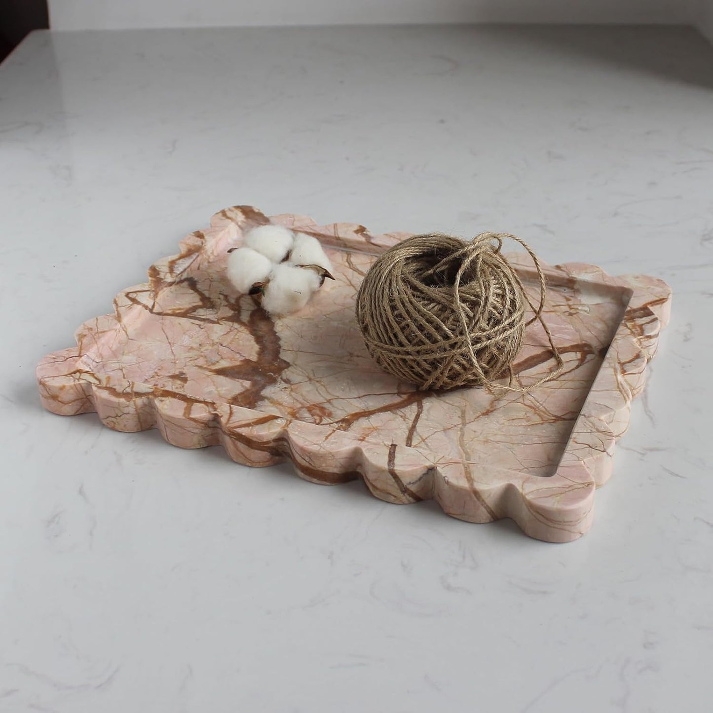 Natural Luxury Scalloped Marble Tray 10.8"x8", Rectangle Vanity Tray for Bathroom Kitchen Counter, Decorative Tray for Dresser Home Decor (Pink Marble)