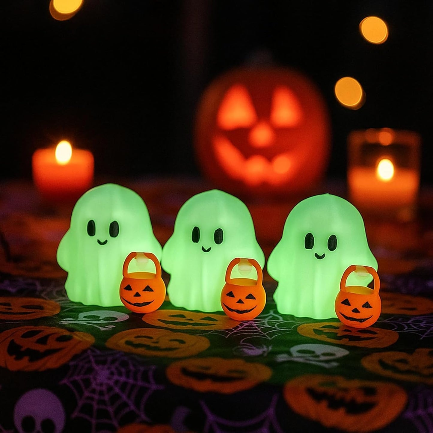 Halloween Decor Fluorescence Ghost Figurines Carrying Pumpkins – Mini Cute Resin Spooky Table Statue Halloween Festive Decoration for Holiday Bookshelf Terrace Bedroom Indoor Home Tabletop Gifts