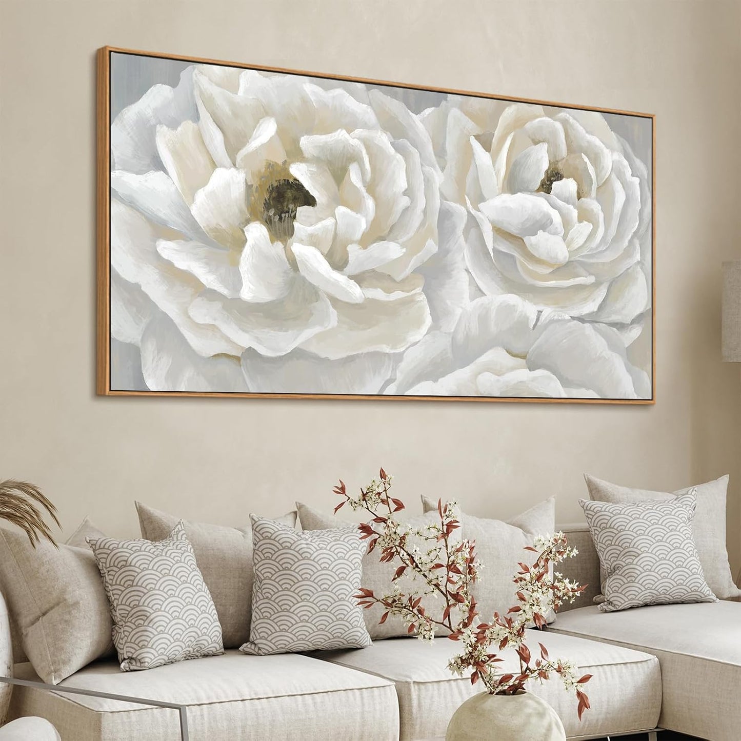 arteWOODS Cream White Flowers Framed Wall Art - Soft Peony Pictures for Wall Decor Elegant Blossom Flower Painting Artwork Botanical Prints for Living Room Home Office Wall Decoration 29" x 58"
