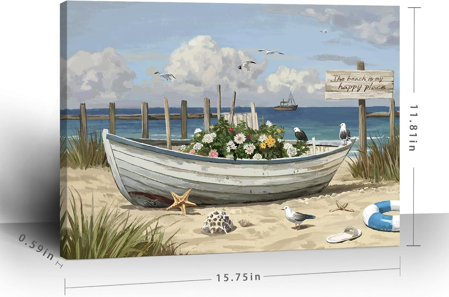 amatop Coastal Wall Art– Beach Scene Picture with Boat on Sandy Shore, Flowers and Sea Birds, Blue Ocean Seascape Themed Canvas Print Nautical Artwork for Bathroom and Bedroom Decor, Small 16x12 Inch