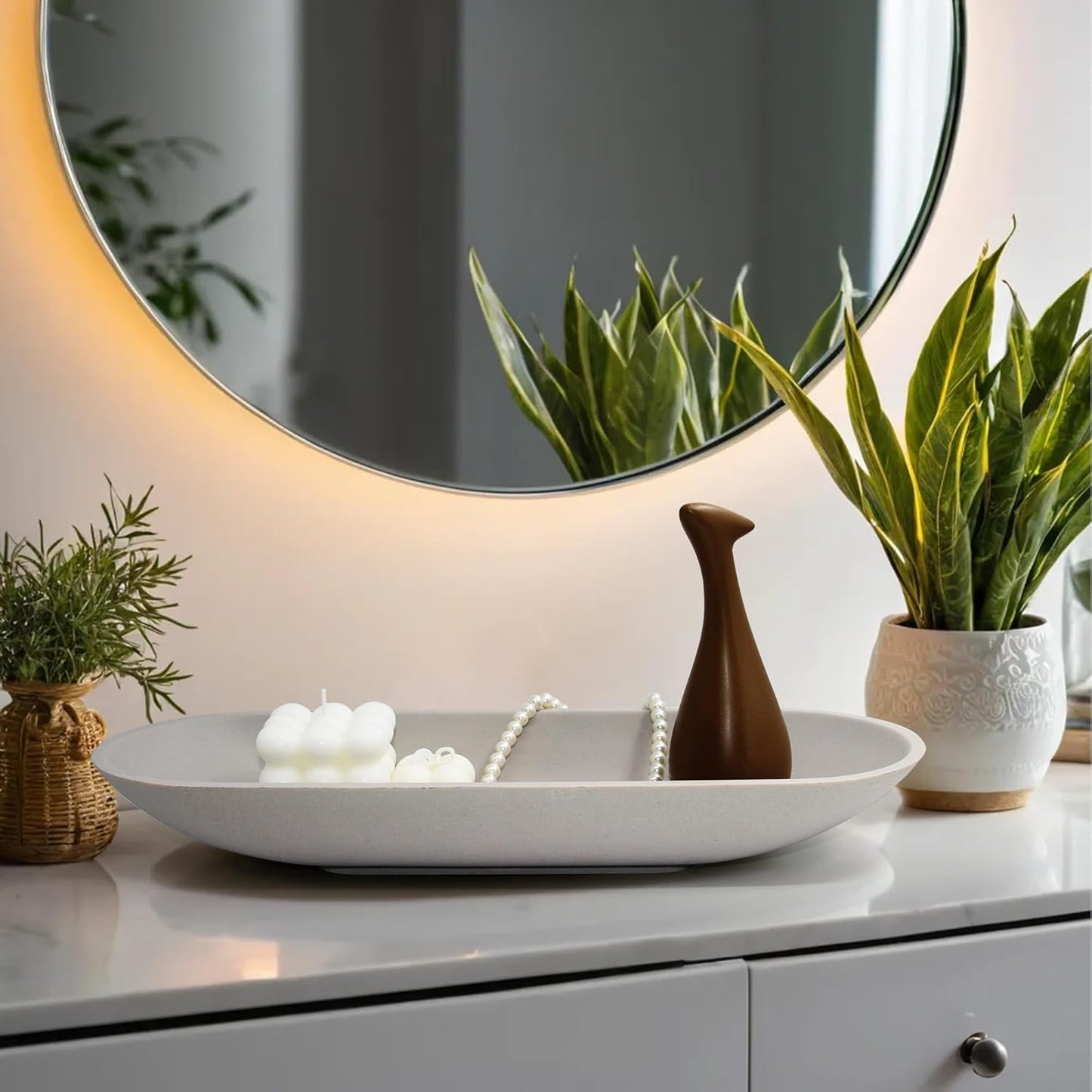 Large Decorative Bowl for Home Decor - Long Dough Bowls with Anti Slip Base for Table Centerpieces - Grey Minimalist Design Dough Decor Bowl for Coffee Table, Dining Table Centerpiece