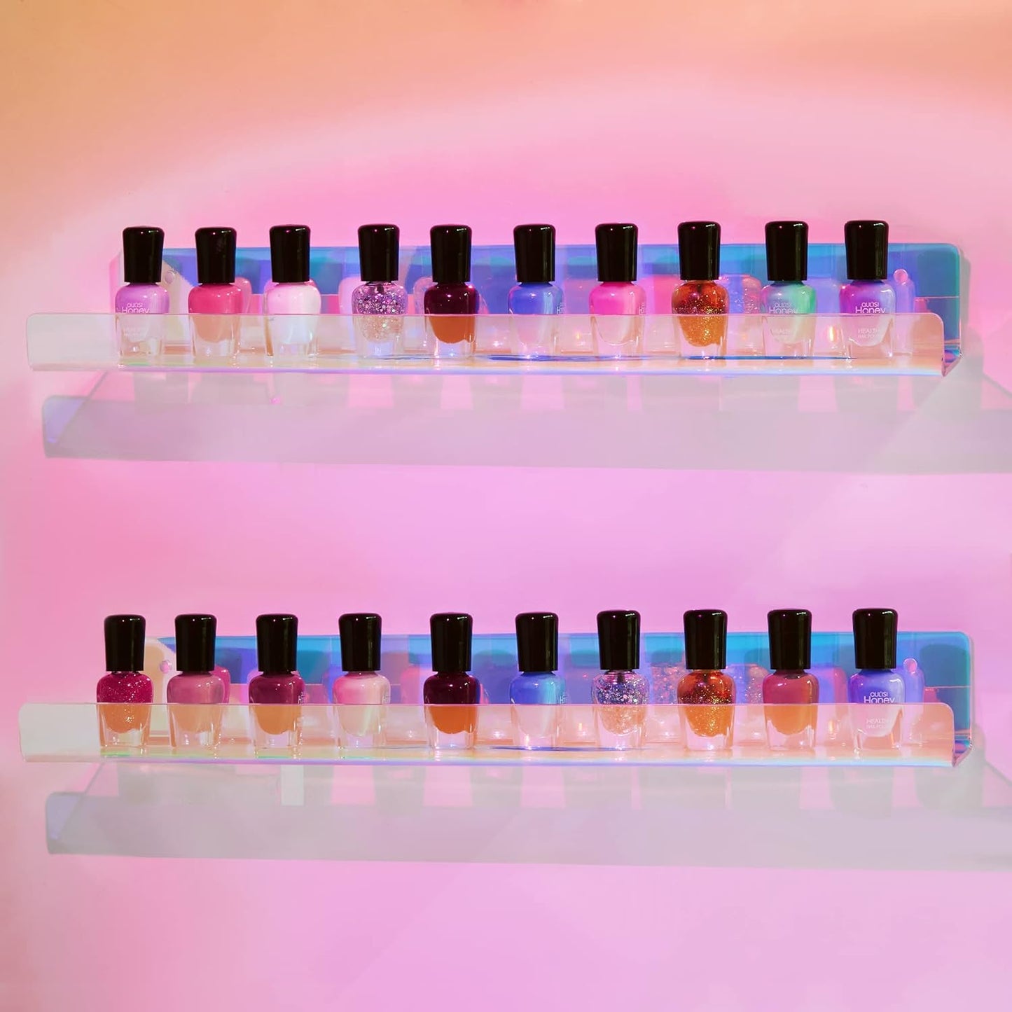 upsimples Acrylic Shelves for Wall Decor, 15" Display Shelf for Perfume, Skincare, Nail Polish, Wall Organizer for Bathroom, Bedroom, Living Room, Playroom, Kids Bookshelf, Iridescent, 4 Pack