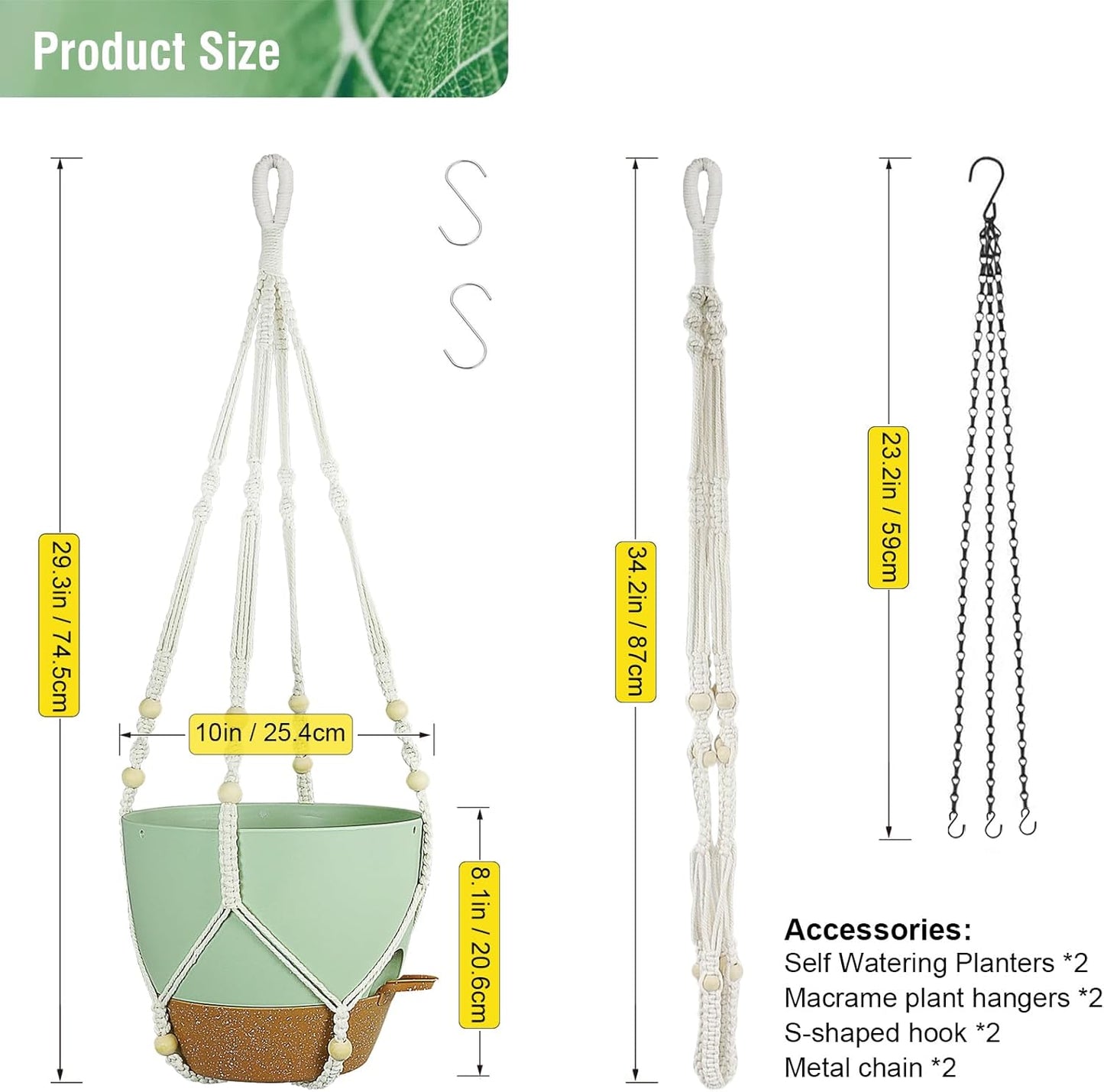 10 inch Self Watering Hanging Planters for Indoor Plants, 2 Pack Hanging Baskets for Outdoor Plants, Hanging Flower Pots with Drainage Holes & 2 Kinds of Plant Hangers for Home Decor, Green
