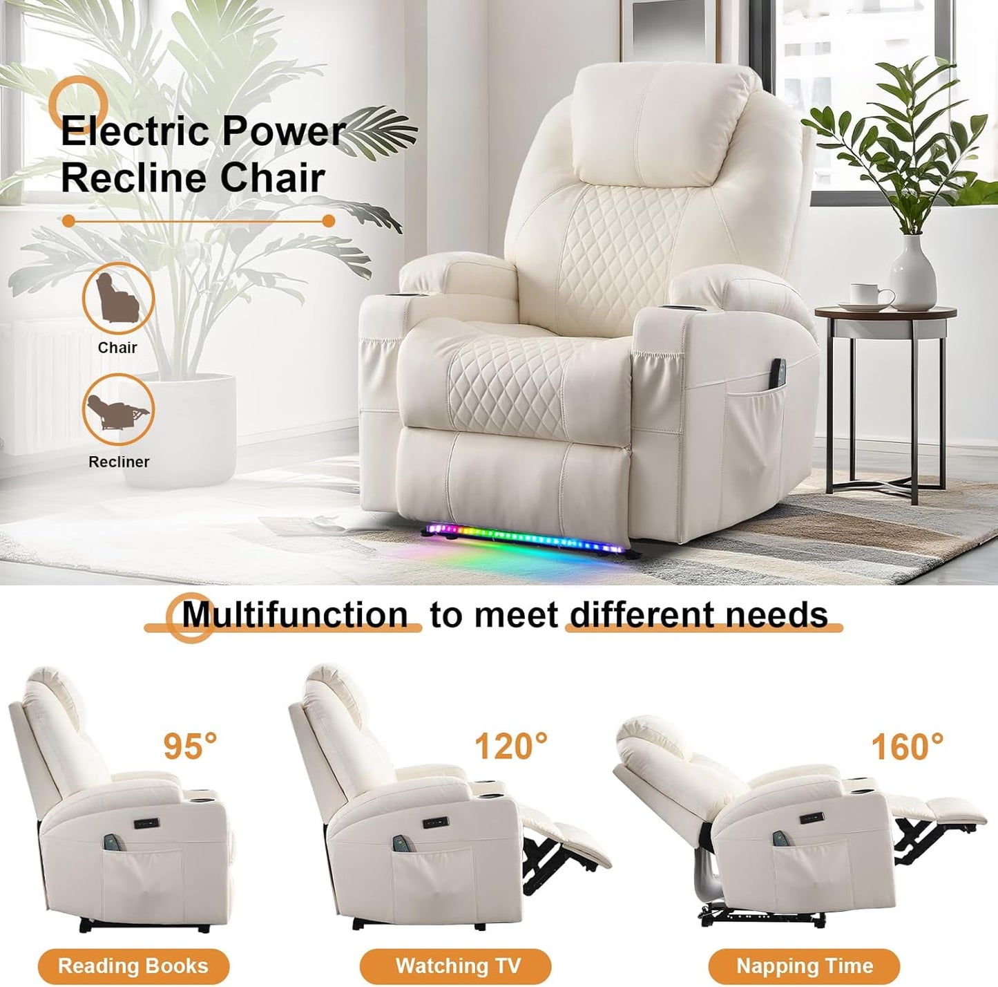 AHMED Power Recliner Chair with Vibration Massage & Heat for Adults, Faux Leather Home Theater Seating with Cup Holders/LED Lights/USB Ports/Side Pockets for Living Room, Beige