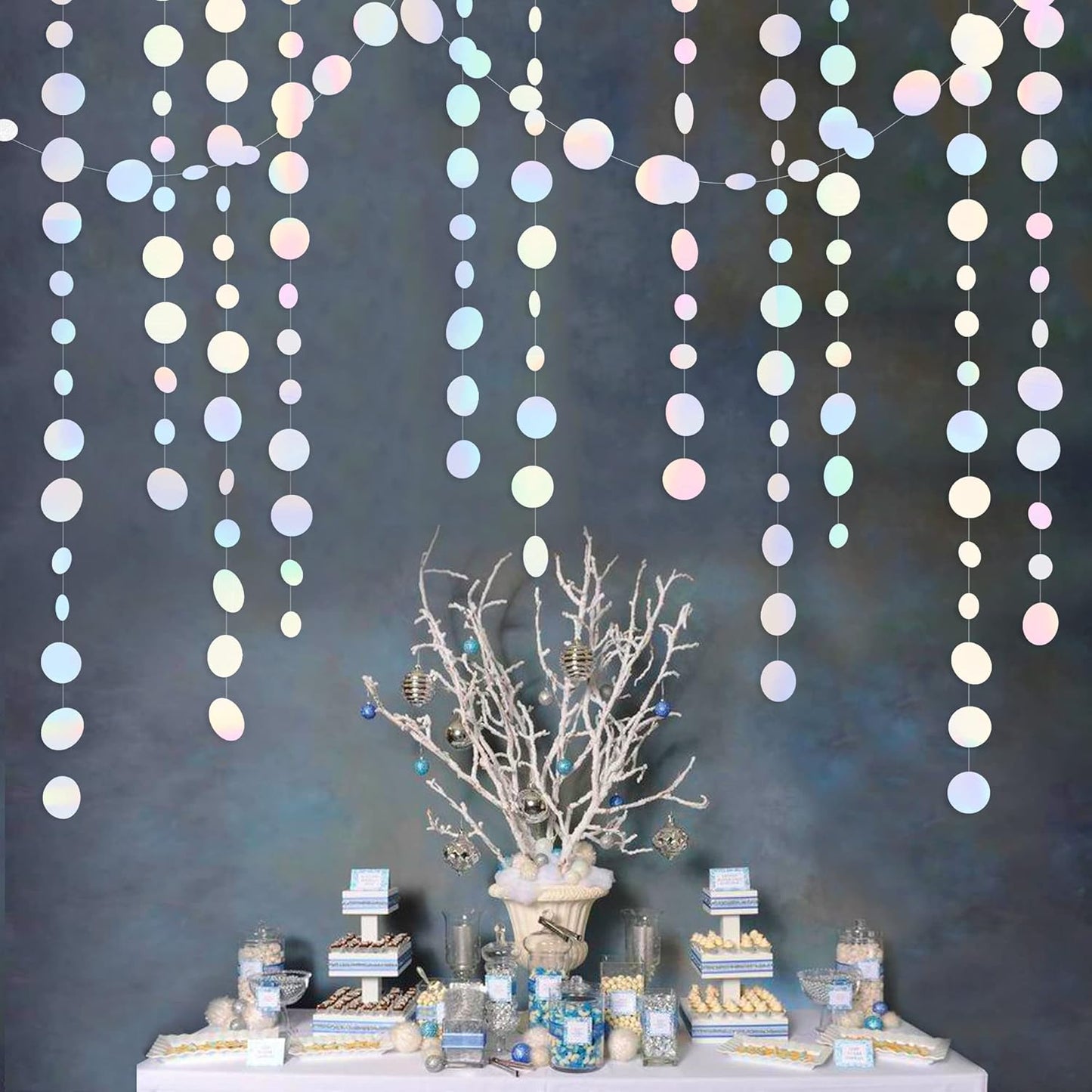 46 Ft White Iridescent Circle Dots Garland Hanging Holographic Polka Dots Streamer for Birthday Bachelorette Engagement Wedding Bridal Shower Galaxy Pastel Winter Christmas Party Decorations Supplies
