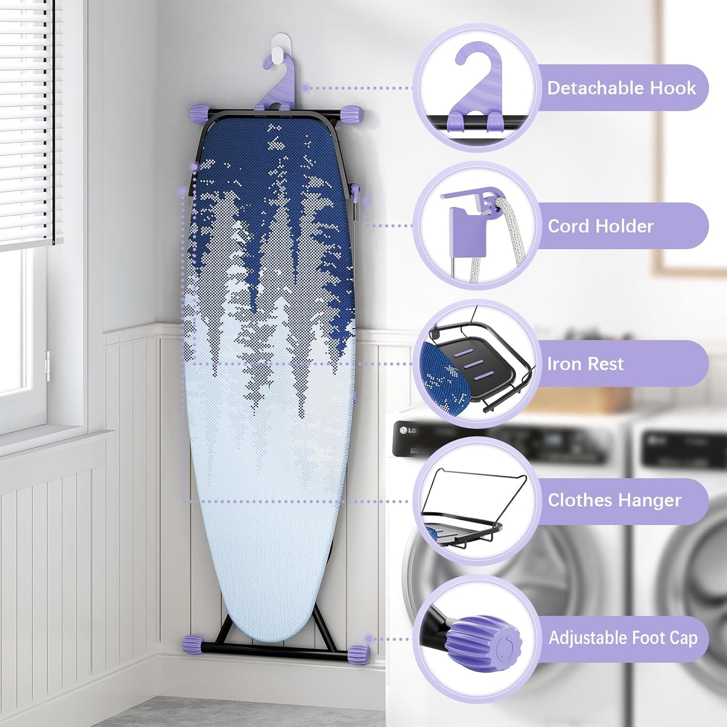 Full Size Ironing Board, 18x51 Iron Board with Metal Panel Stretchable Iron Rest, Adjustable Height Heavy Duty Heat & Scorch Resistant Cover Ironing Board, for Home, Laundry, Purple