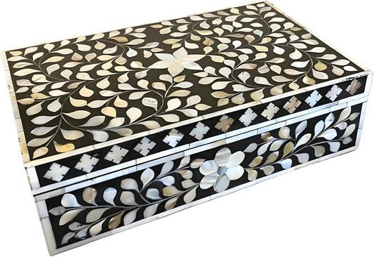 Decorative Wooden Storage Box with Mother of Pearl Inlay – Elegant Floral Design – Perfect for Home Décor in Living Room, Dining Area, or Bedroom (Black, 12x8x5 inches)