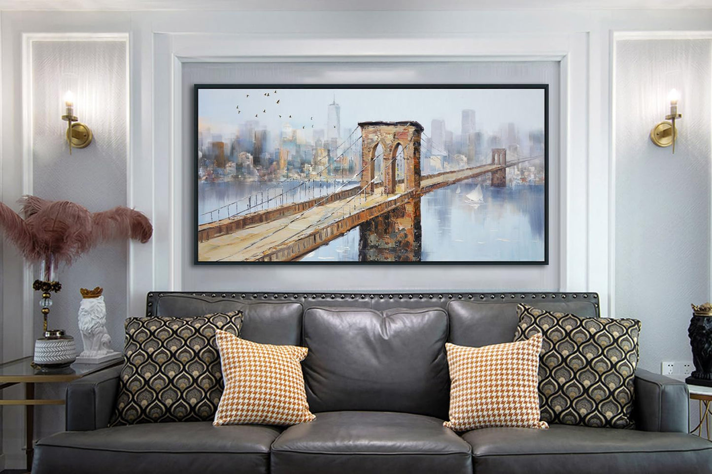 Arjun Brooklyn Bridge Canvas Wall Art Abstract Skyline New York City Painting Modern NY Cityscape Picture Textured Artwork for Bedroom Living Room Bathroom Home Office Wall Decor Framed Large 40"x20"