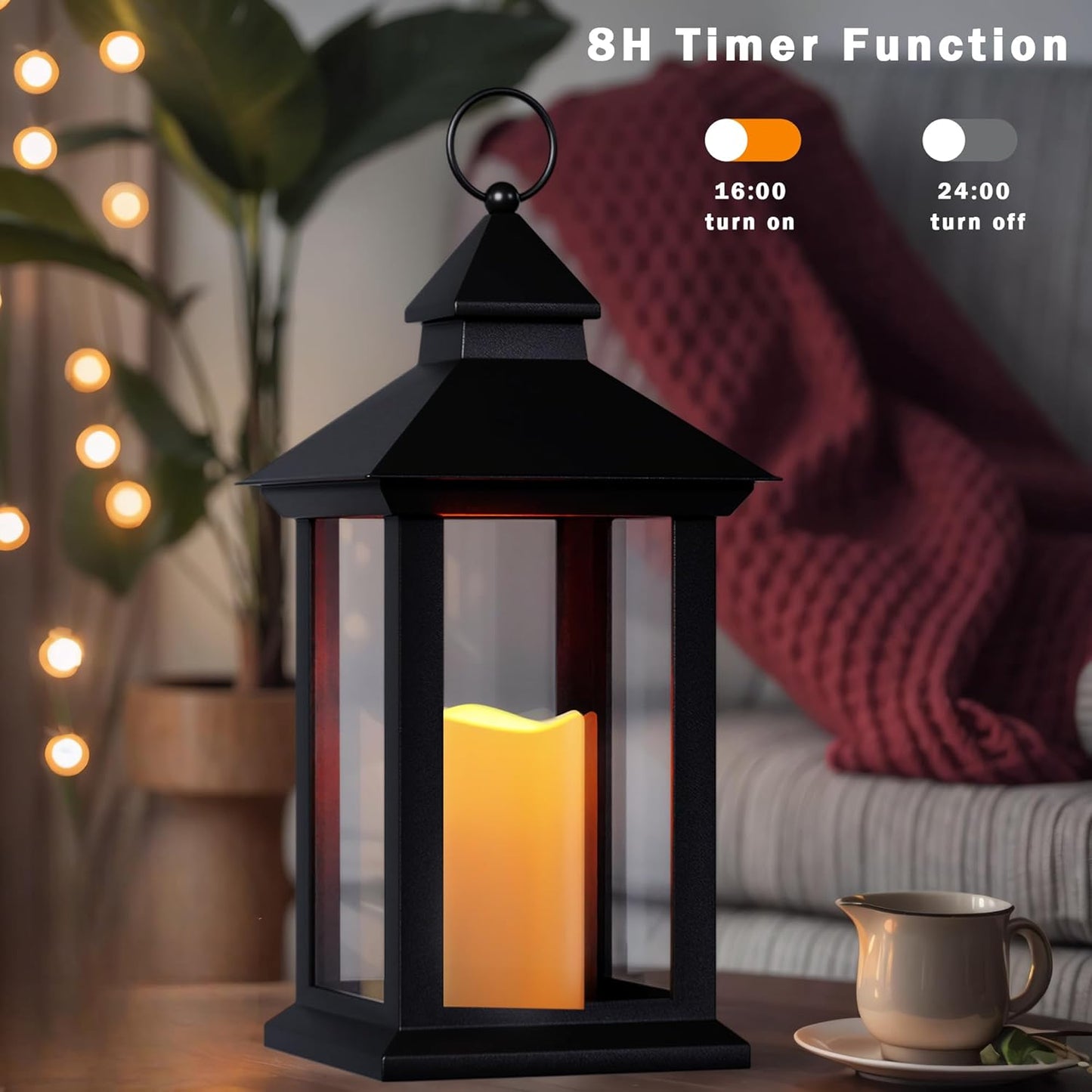 Lanterns Decorative Indoor, 2 Pack Black Outdoor Lantern with Timer, 14" Lantern Waterproof with Battery Operated Candle, Outdoor Hanging Lanterns for Porch, Patio, Wedding Decor
