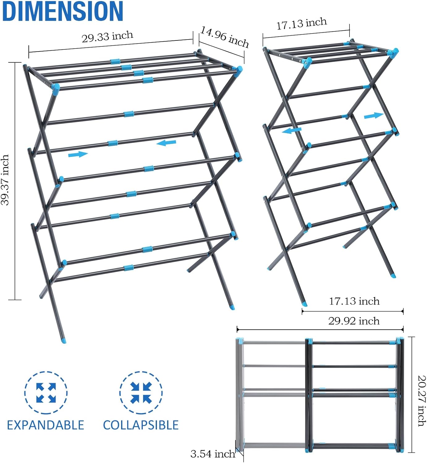 APEXCHASER Clothes Drying Rack, 3-Tier Laundry Drying Rack for Clothes, Expandable Metal Clothing Dryer, Collapsible Towel Rack, Air Drying Rack, Graphite