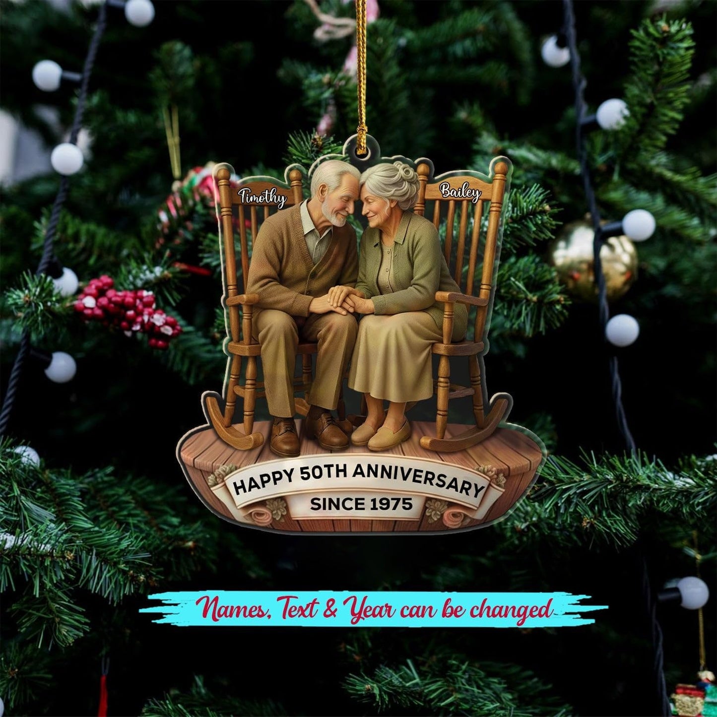 Personalized 50th Anniversary Shaped Christmas Ornament 2025, Old Couple Sitting On Rocking Chairs Together Ornaments Gift for Wedding Anniversary, Custom Text Name Ornament for Parents Grandparents