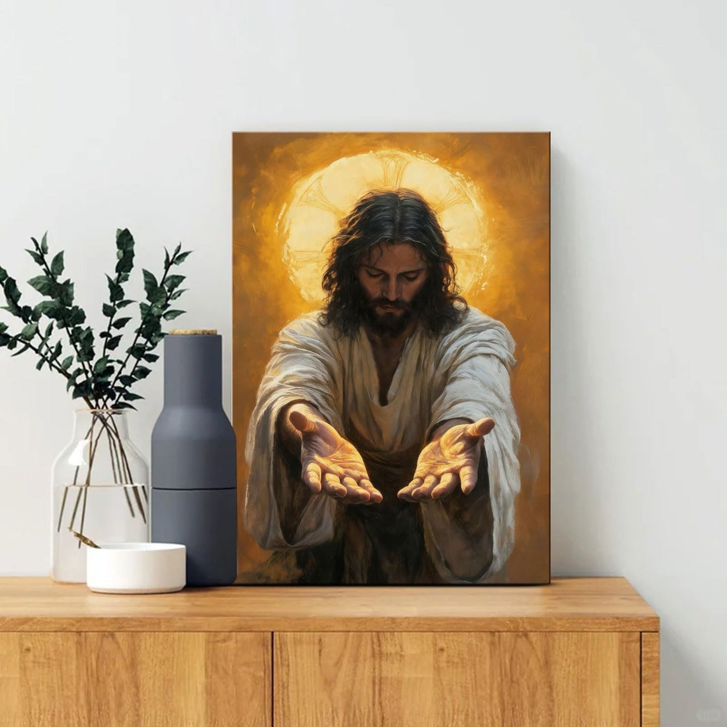 Framed Jesus Canvas Wall Art Painting with Gold Halo Christian Religious Poster Inspirational Christian Gallery Decor Painting Home Church Prayer Room Wall Hanging Print 12x16 Inch Ready to Hang
