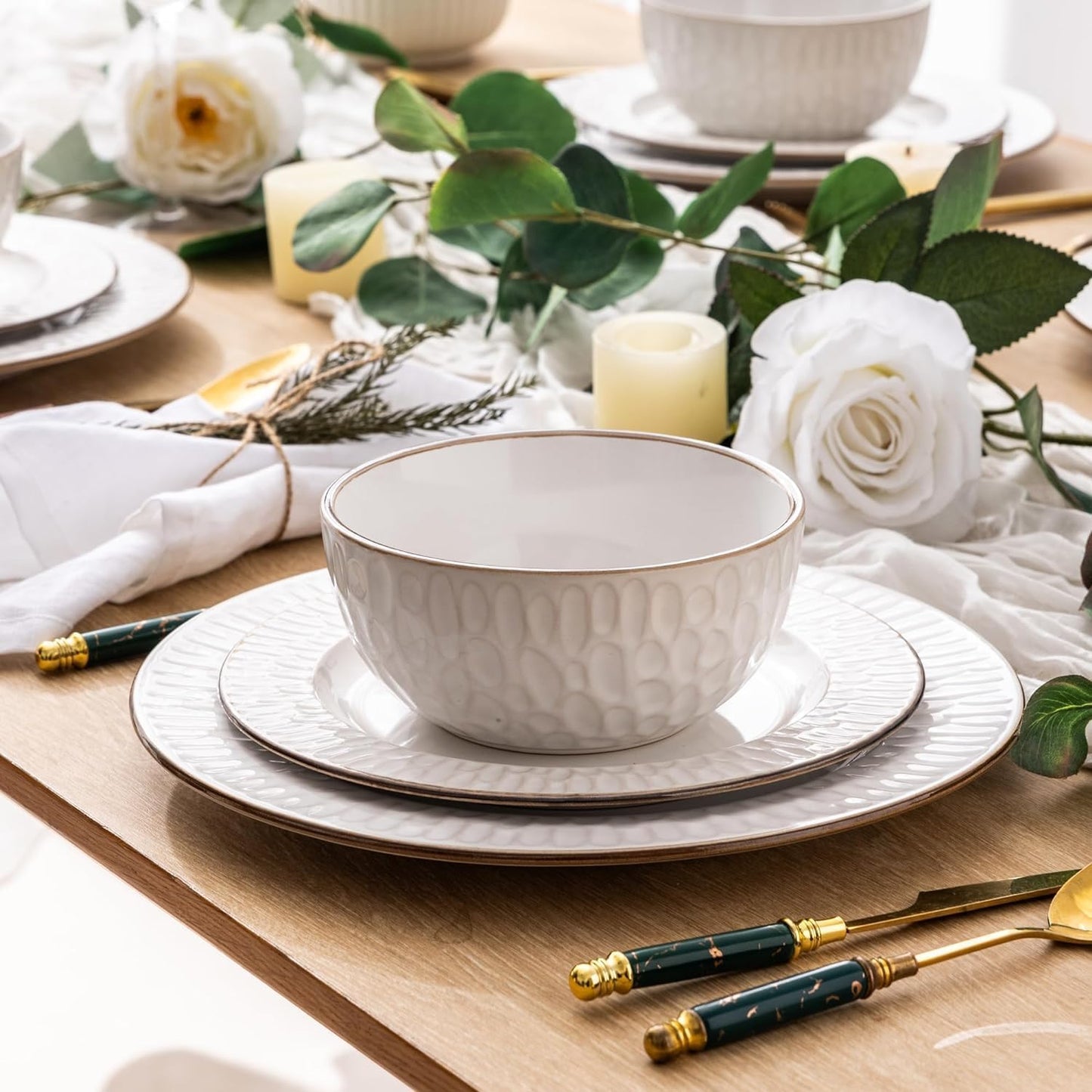 GBHOME Ceramic Dinnerware Sets,18 pcs Embossed Elegant Stoneware Plates and Bowls Sets, Housewarming Wedding Gift | Dishwasher & Microwave Safe | Dishes Set Service for 6