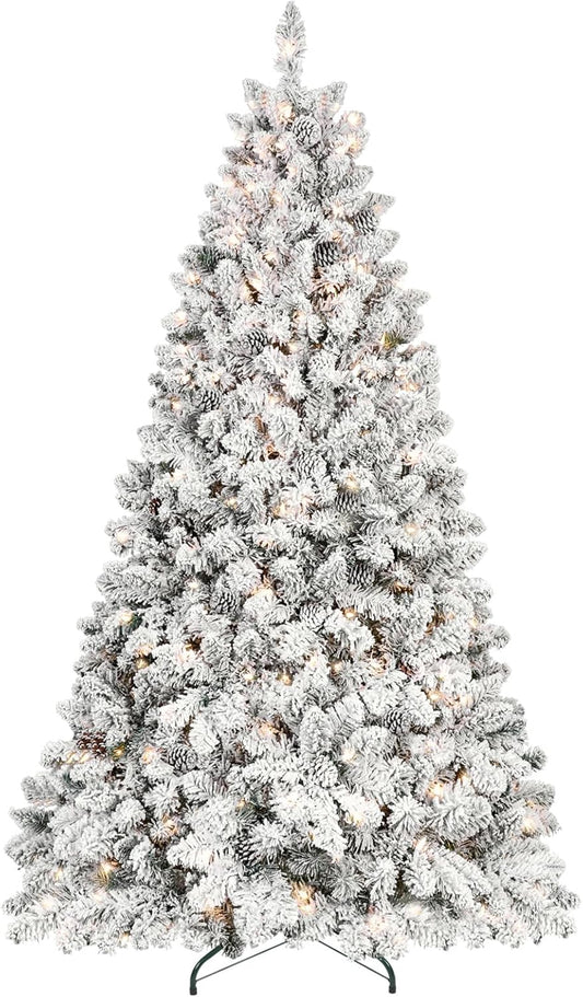 6ft Pre-lit Christmas Tree, Flocked Christmas Tree with 350 UL Lights & Pine Cones & 888 Tips, Snow Frosted Artificial Christmas Tree Prelit, Auto Hinged Spruce Xmas Tree for Holiday Decor