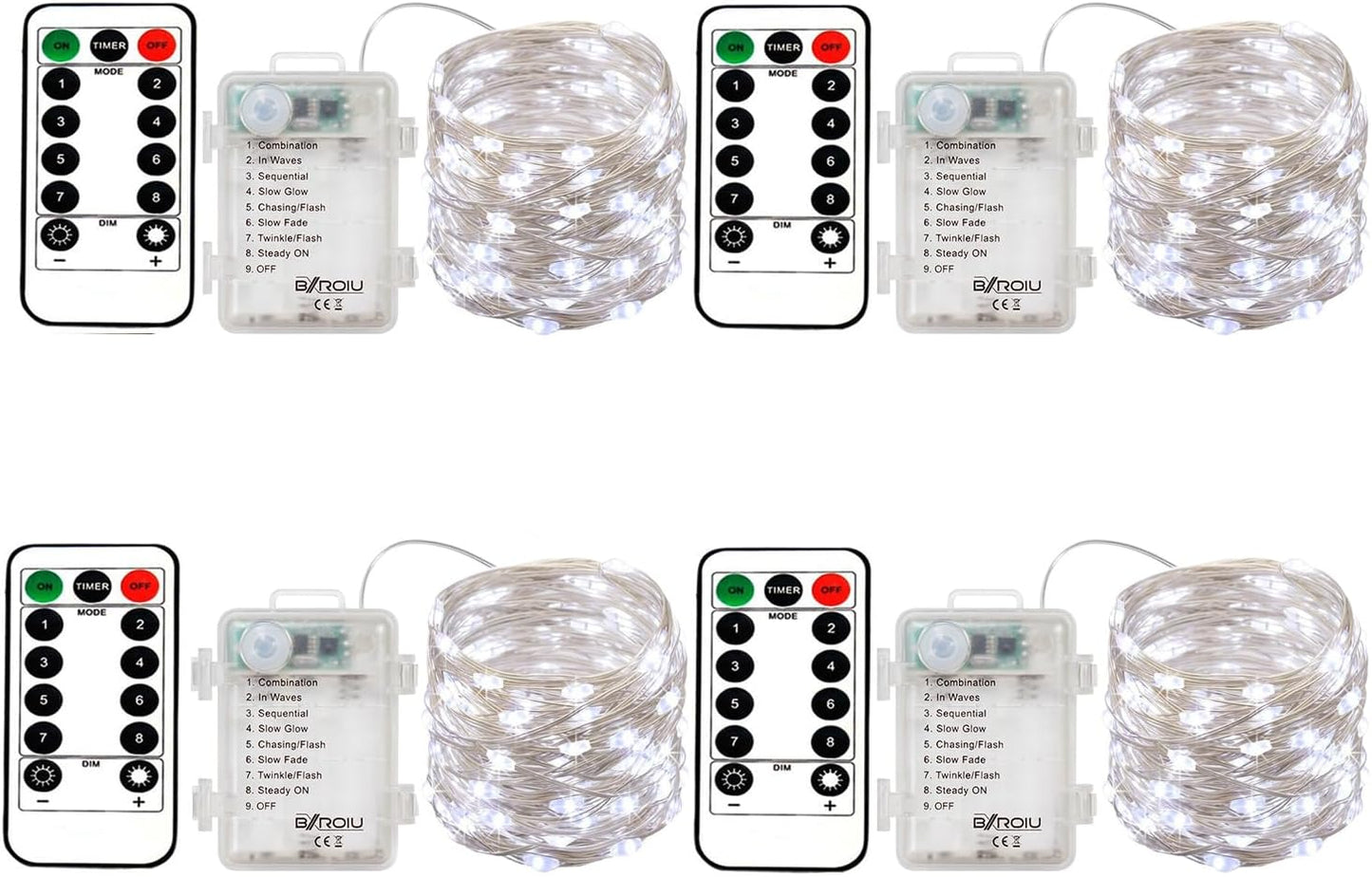 4 x Fairy Lights Battery Operated, Silver Wire Chains 8 Mode 5M 50 LEDs Timer String Lights with Remote Control for Bedroom Christmas Party Wedding Decoration