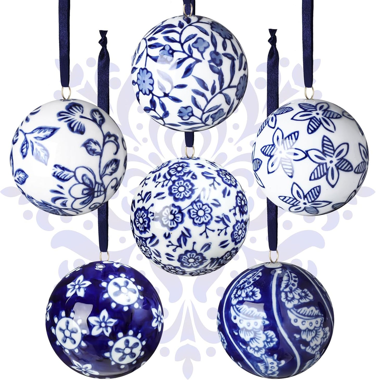 Cindeer 6 Pcs Blue and White Christmas Porcelain Balls 2.4 Inch Porcelain Chinoiserie Ornament Bulk Christmas Ceramic Hanging Decorative for Tree Home Xmas Party (Novelty Style)