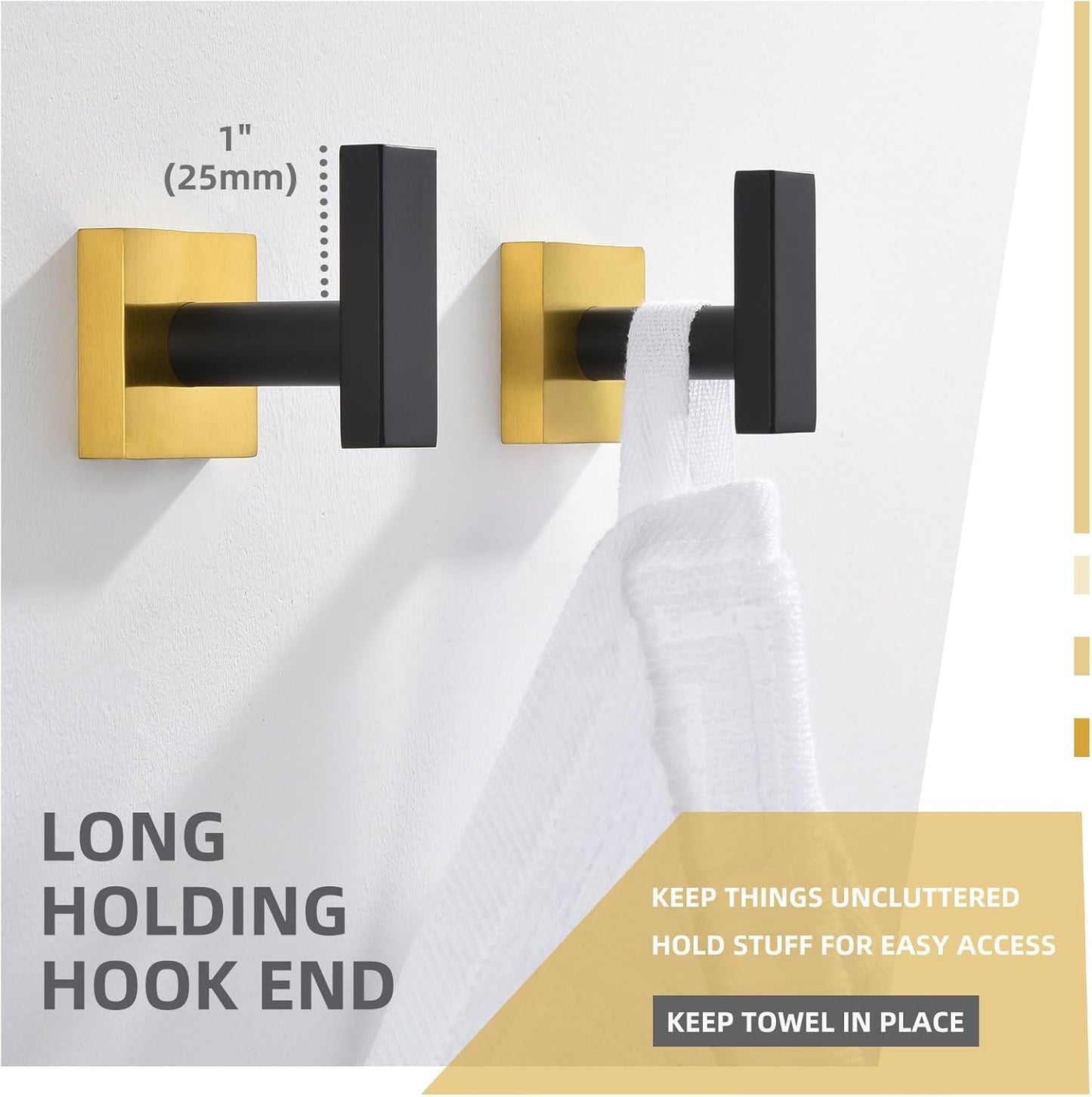 Angle Simple Bathroom Towel Hook 2 Pack, SUS 304 Stainless Steel Bath Robe Coat Holder Wall Mounted, Black & Gold
