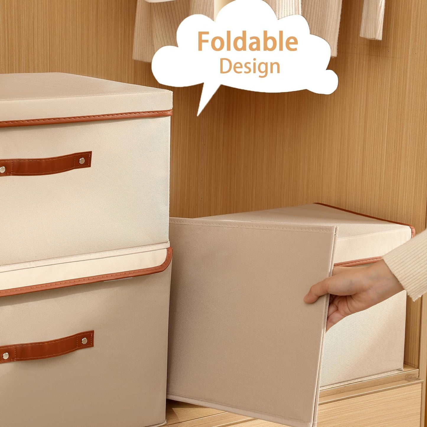 Tuza 4 Pack Large Fabric Storage Bins with Lids, Foldable Storage Boxes with Lids for Organizing, Decorative Storage Boxes with Handles for Home, Bedroom, Closet, Office(Khaki, Large)