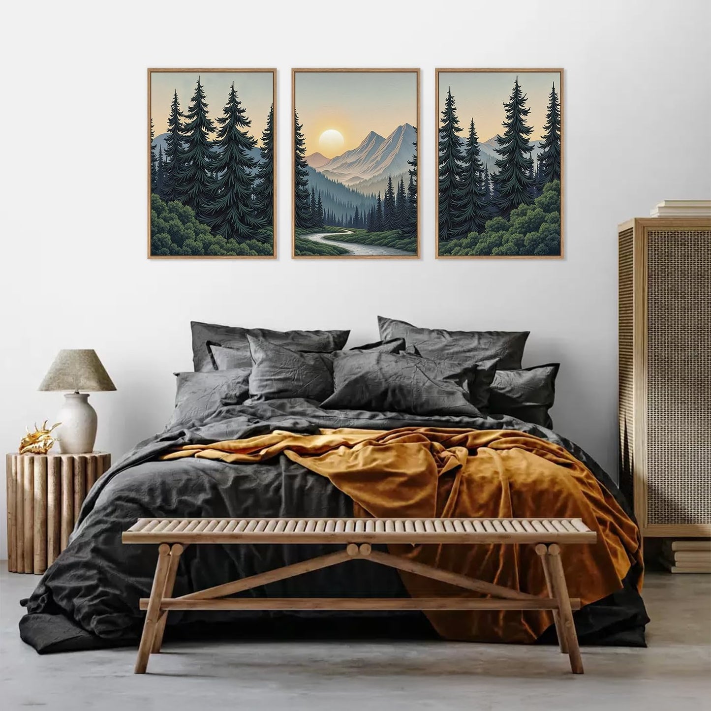 HLNIUC Mountain Forest Sun Framed Wall Art,Large Boho Pine Tree Canvas Wall Decor Set of 3(16”x24”)Ridge Mountain Landscape Picture Prints,Natural Sunset Woodland Wall Painting for Living Room,Bedroom