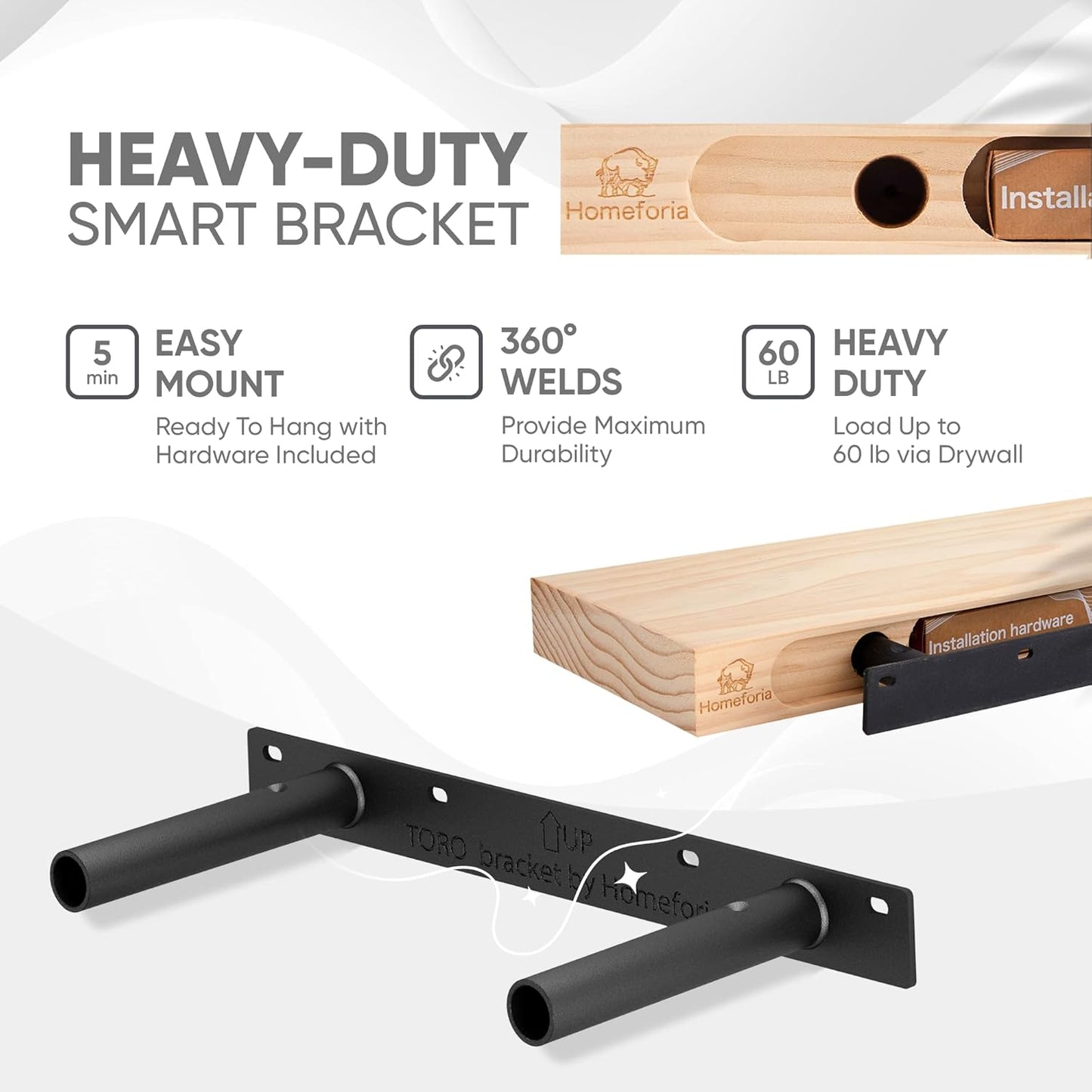 Homeforia White Floating Shelf 18 inch, High End Solid Real Wood 18inch Bathroom Floating Shelves for Wall Mounted, White Wooden 18in Floating Shelves, Heavy Duty Bracket, 18 X 6.5 X 1.75 in, Set of 2